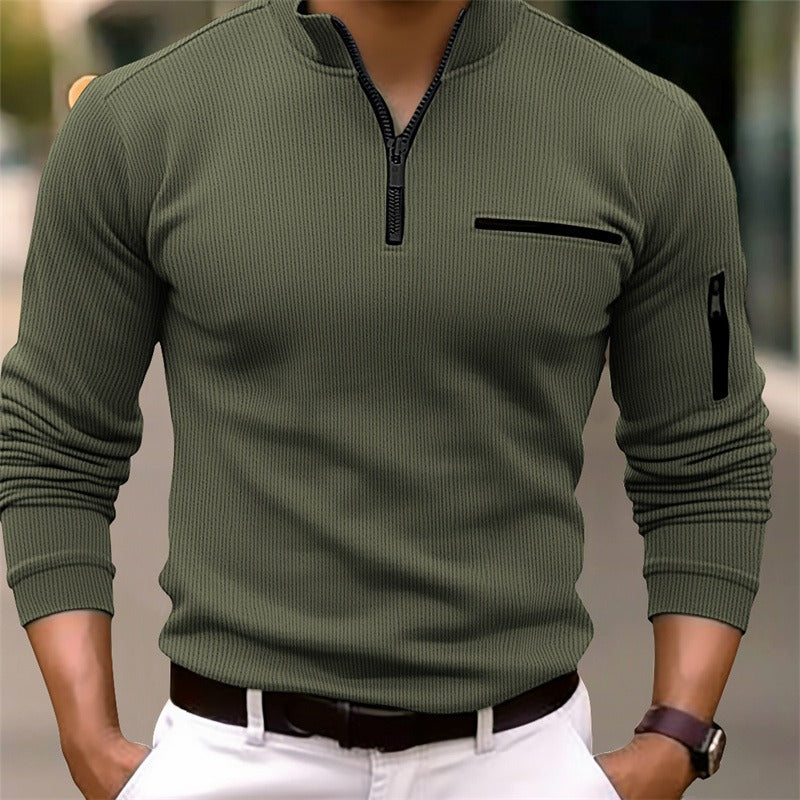 Heren Geribde Half Zip Trui met Borstzak
