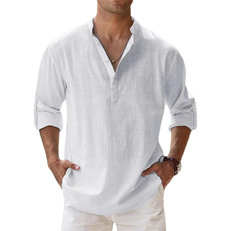 Heren Linnen Henley Overhemd met Lange Mouwen
