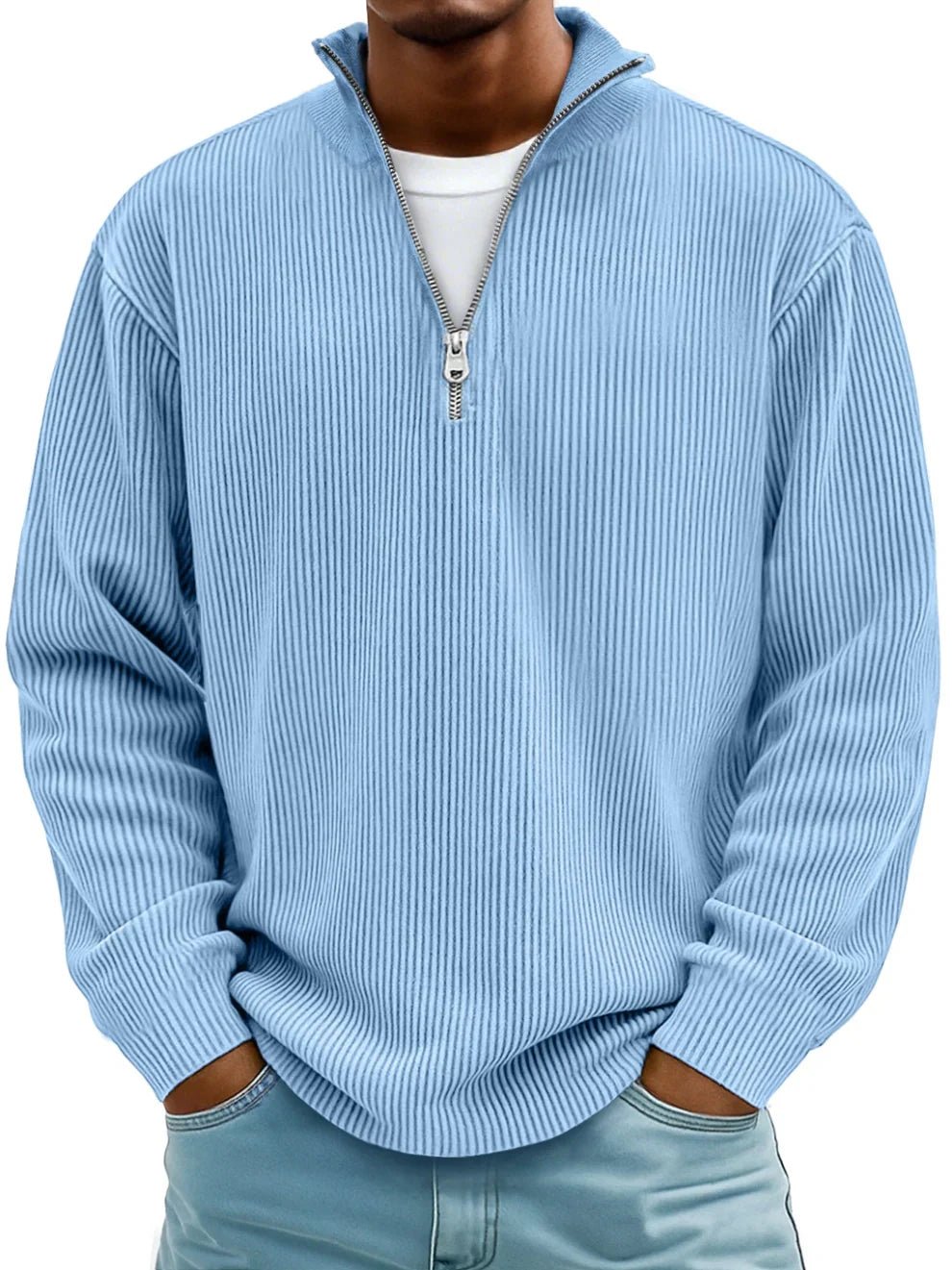 Heren Geribde Half Zip Trui met Relaxte Pasvorm
