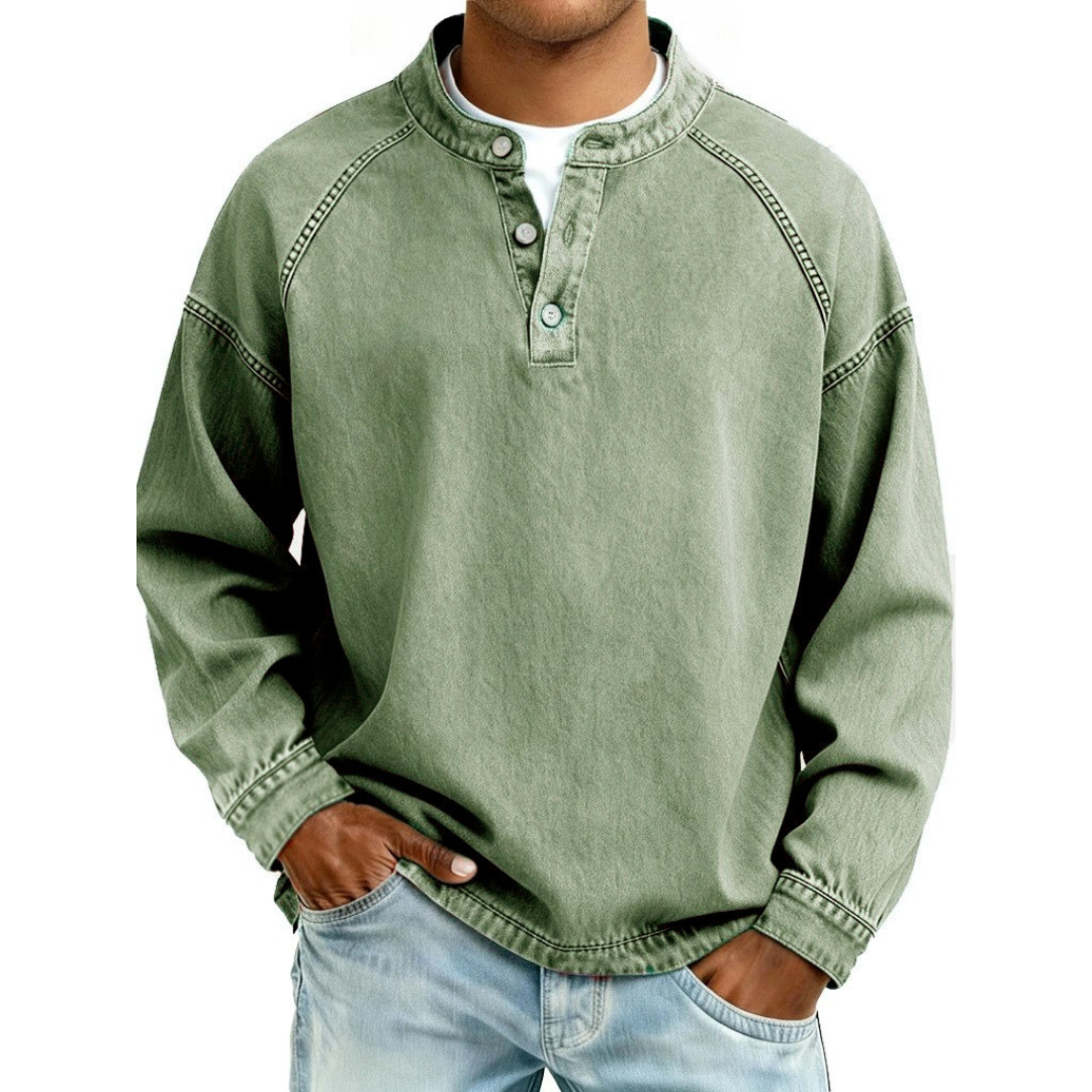 Heren Denimlook Henley Shirt met Lange Mouwen