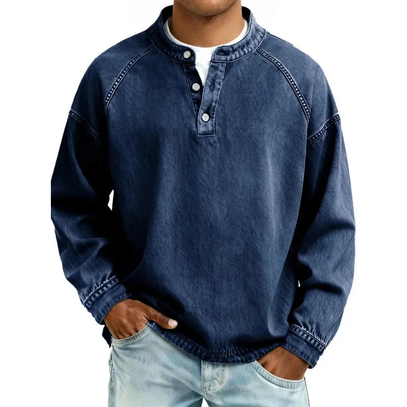 Heren Denimlook Henley Shirt met Lange Mouwen