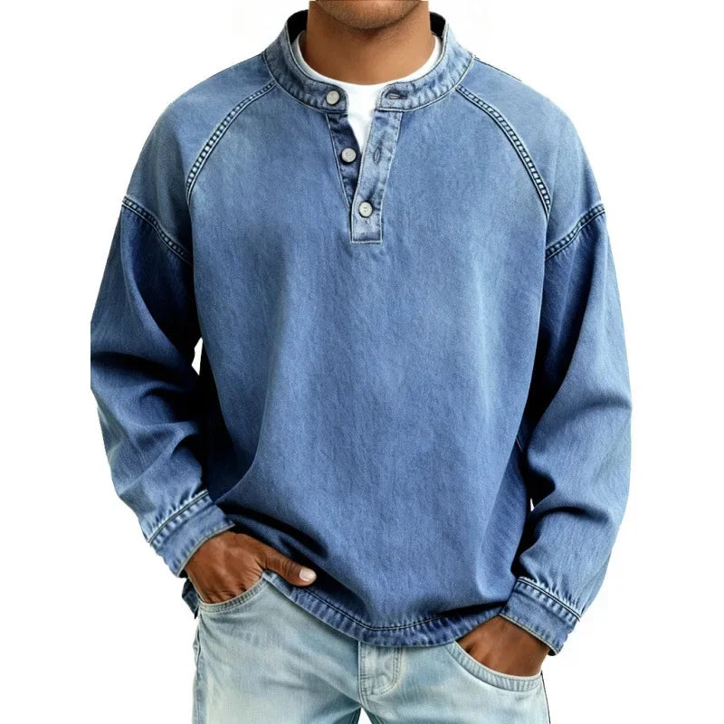 Heren Denimlook Henley Shirt met Lange Mouwen