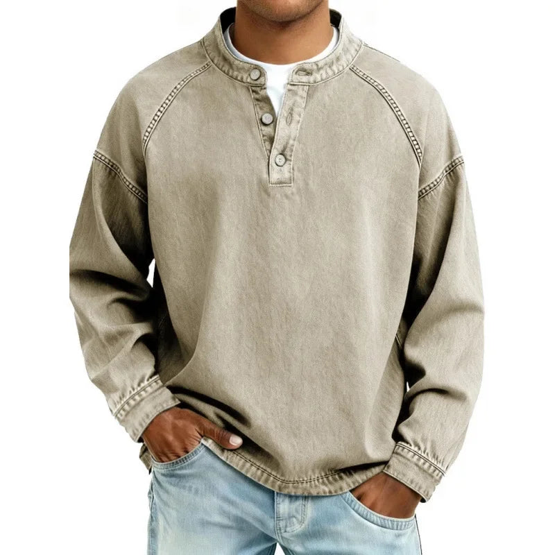 Heren Denimlook Henley Shirt met Lange Mouwen