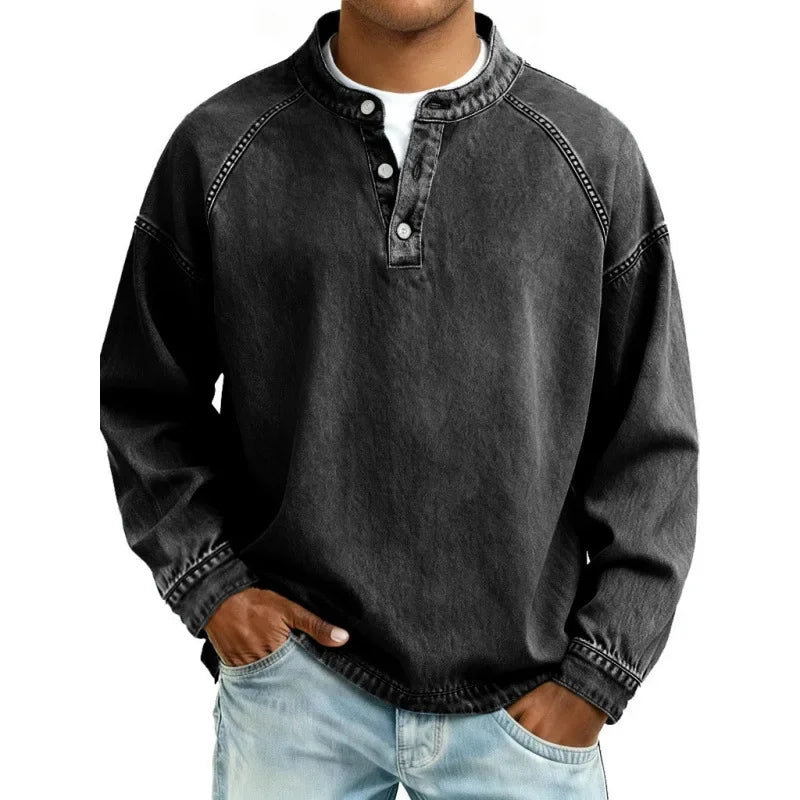 Heren Denimlook Henley Shirt met Lange Mouwen