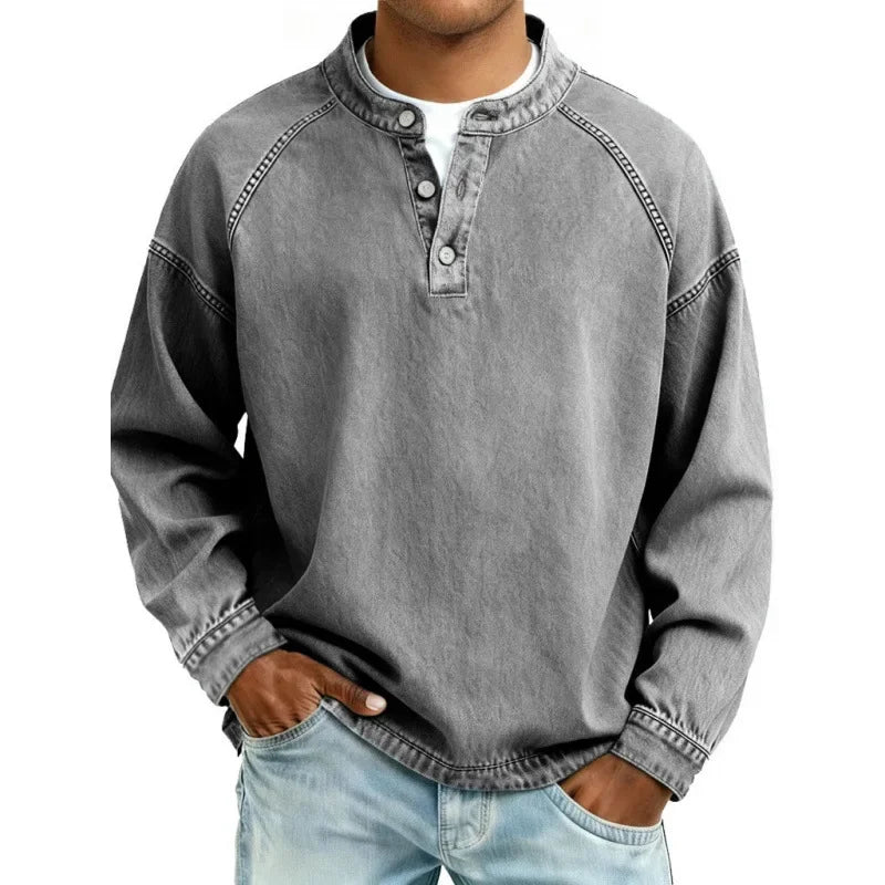 Heren Denimlook Henley Shirt met Lange Mouwen