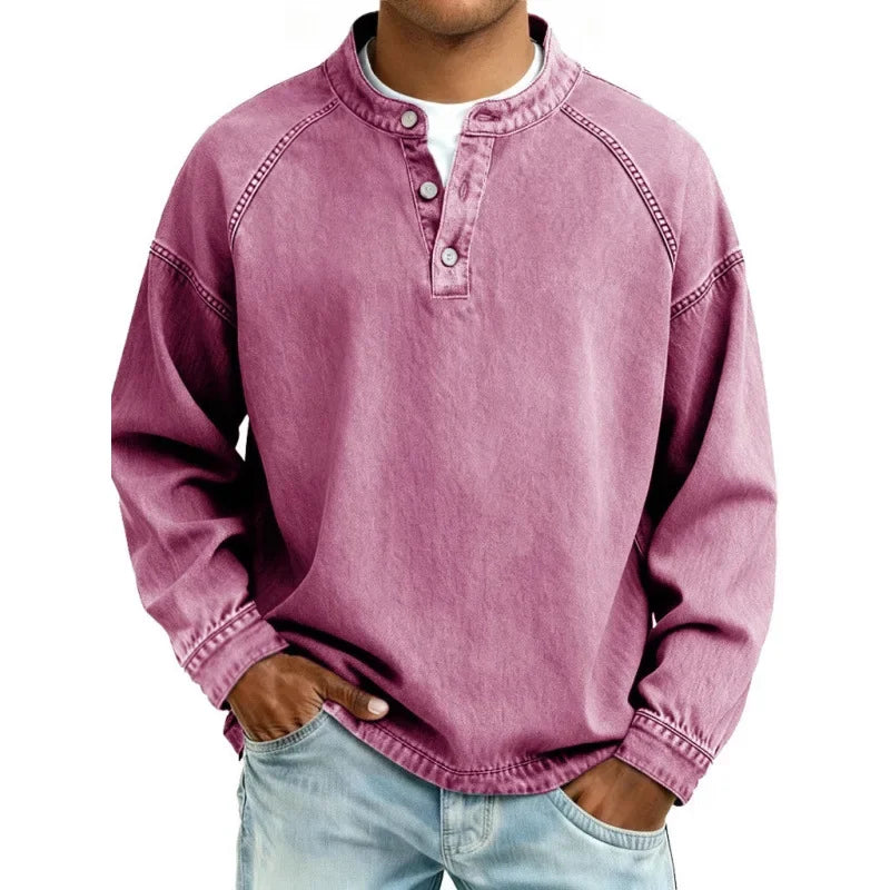 Heren Denimlook Henley Shirt met Lange Mouwen