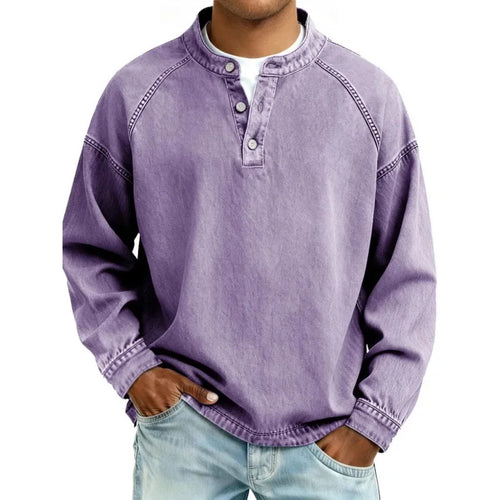Heren Denimlook Henley Shirt met Lange Mouwen