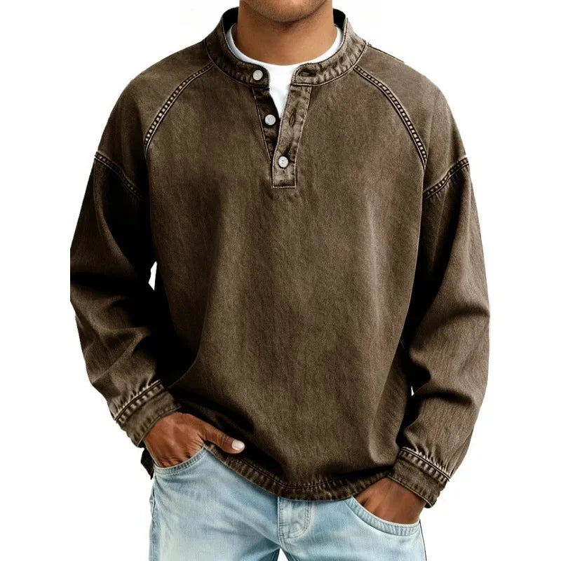 Heren Denimlook Henley Shirt met Lange Mouwen