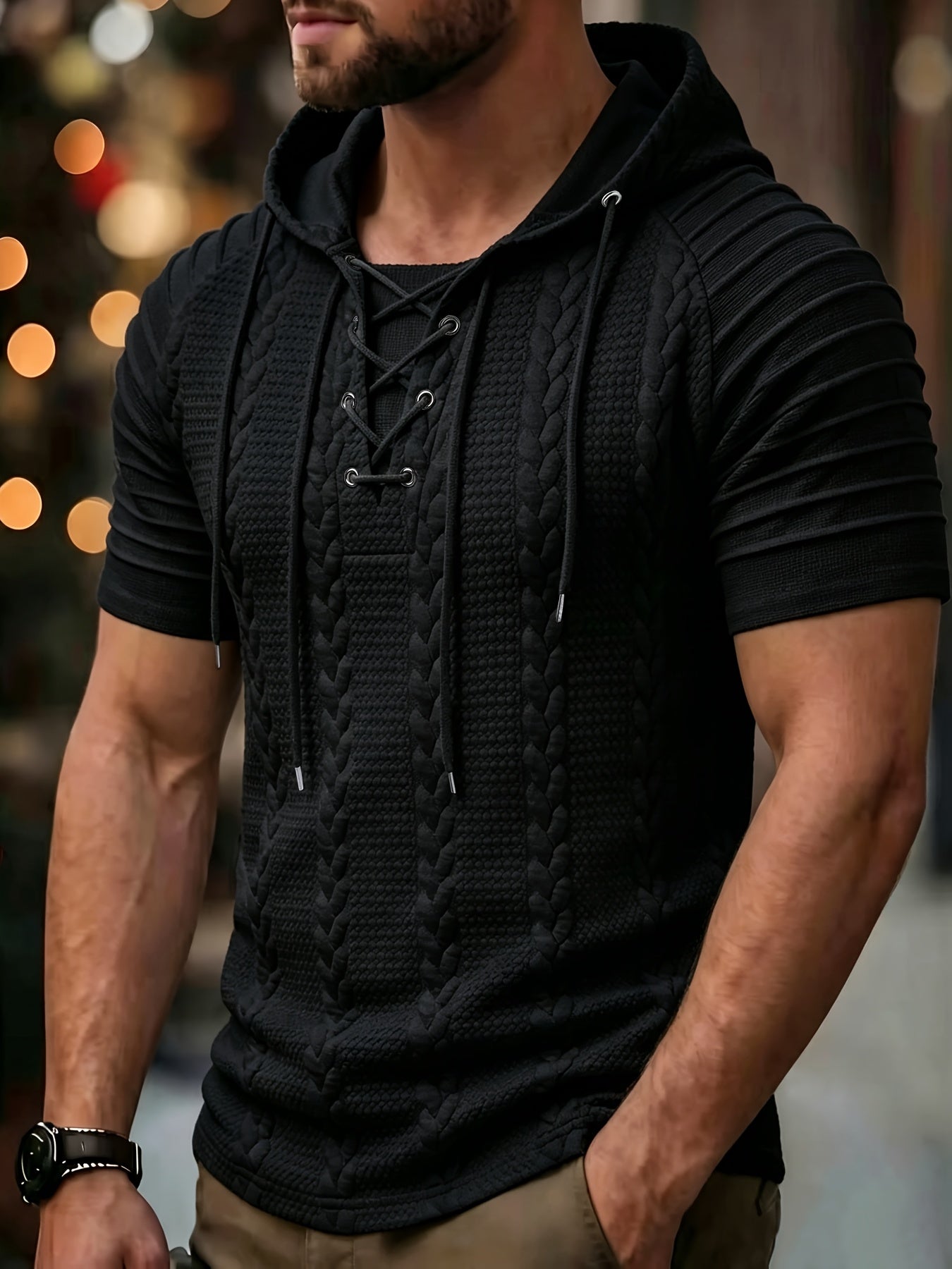 Heren Hoodie Overhemd met Kabelstructuur en Vetersluiting
