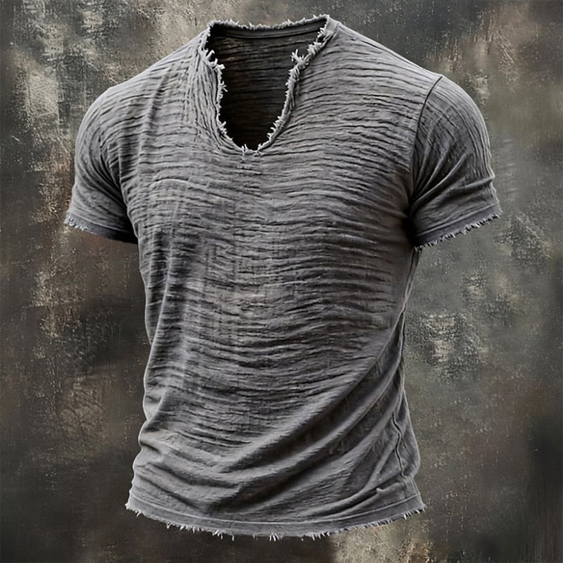 Heren T-Shirt met Gerafelde V-Hals